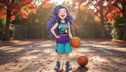 marge jackson stands alone on an outdoor basketball court, crisp autumn air swirling red leaves around the worn hardwood floor. her face is fully visible, eyes sparkling with laughter, head tipped back in joyous abandon, a wide smile breaking through the golden light. the court’s faded lines and a single basketball beside her capture the casual, spirited atmosphere, while the surrounding trees cast dappled shadows, creating a serene, seasonal backdrop that frames her radiant expression.