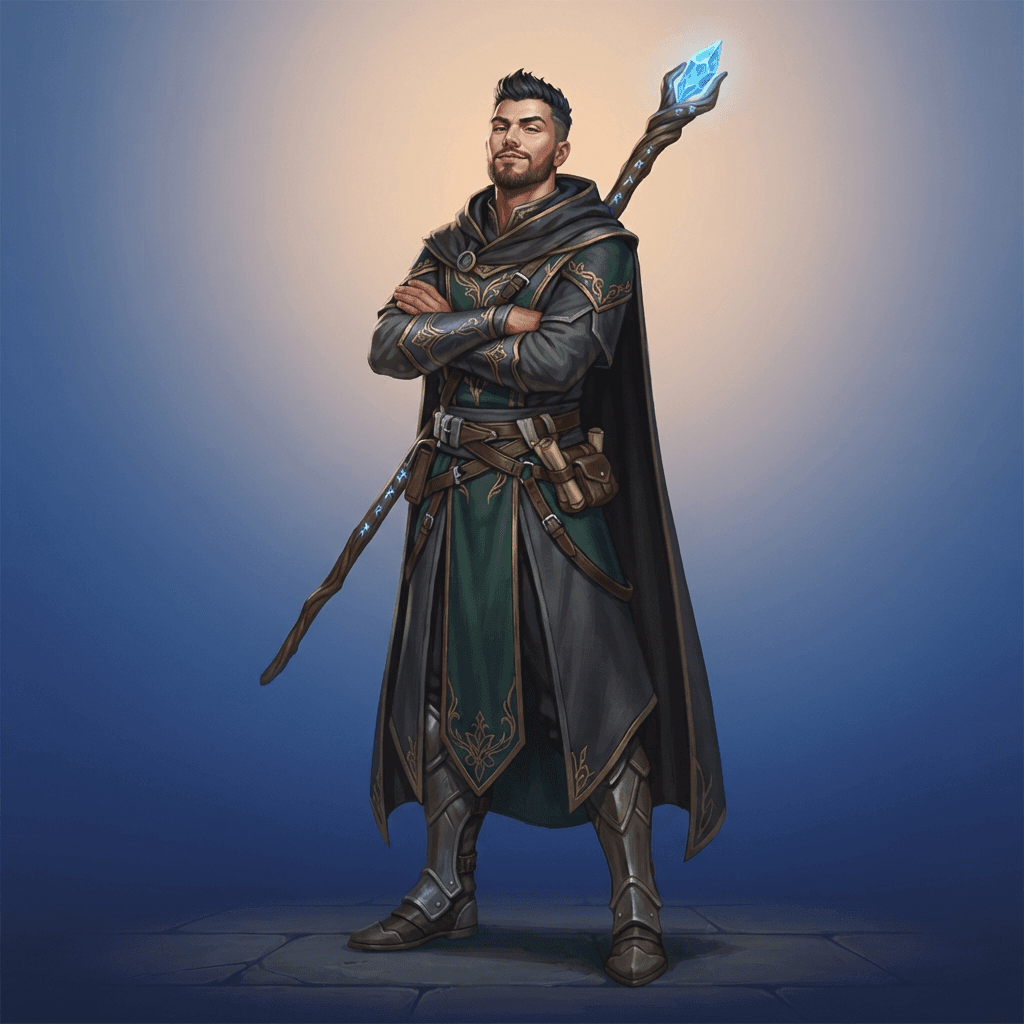 original character pose reference, a tall mage standing with arms crossed, chin up, staff resting on shoulder, confident pose, full body, painterly style, clean soft gradient studio background, vibrant, crisp high detail, digital illustration