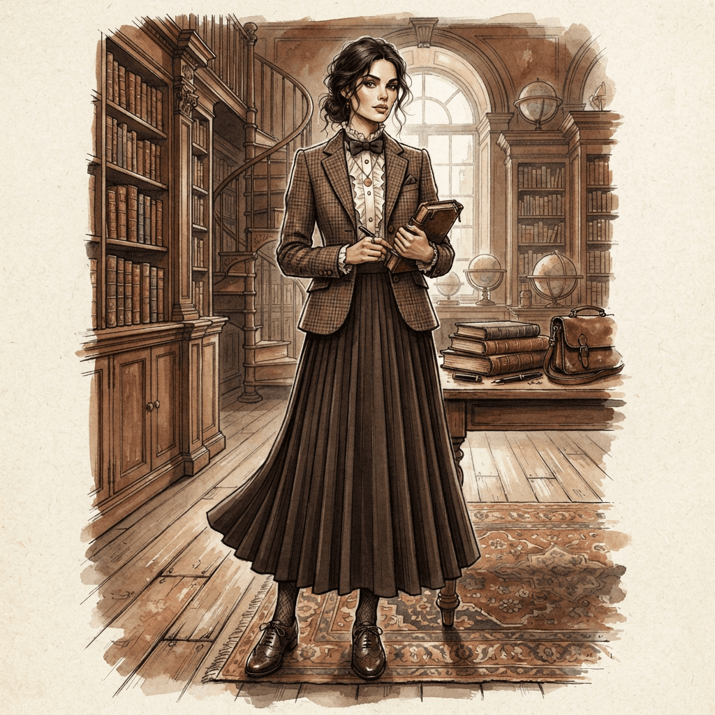 dark academia fashion, tweed blazer, pleated skirt, oxford shoes, library brown palette, full length gown look, fashion illustration, full body