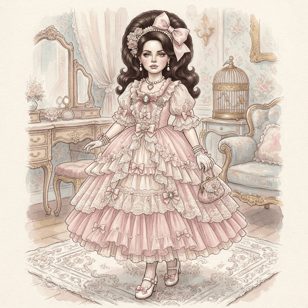 lana inspired doll fashion, soft pink ruffles and bows, porcelain doll styling, delicate pastel palette, styled with statement accessories, fashion illustration, full body
