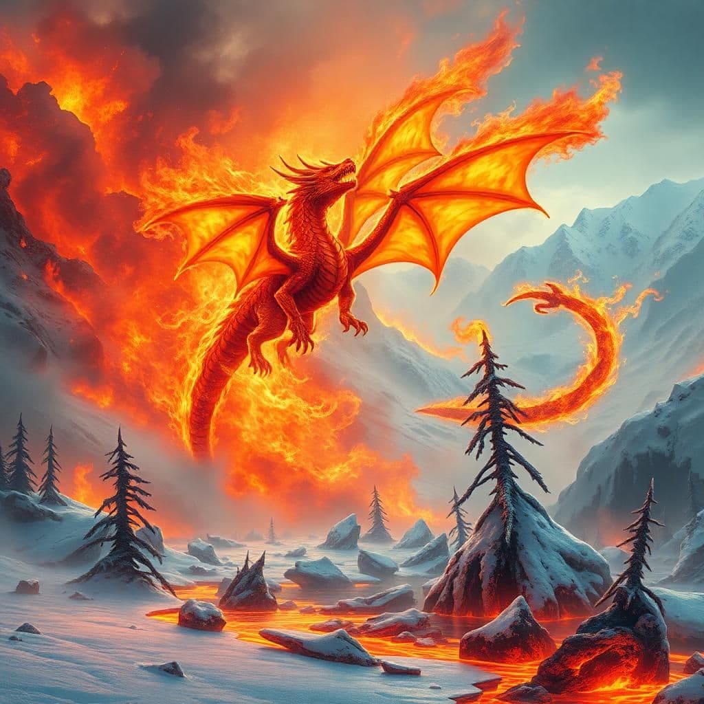 here's the modified prompt:
"ethereal dragon amidst a blazing inferno of flames in a frozen wasteland, where molten lava flows beneath the surface of glaciers and shattered ice creates a jagged, lake of fire. the dragon's scales shimmer with a deep, fiery red as it roars in a storm of burning embers, its wings cast a warm glow on the snow-blanketed mountainside. amidst the chaos, eerie silhouettes of trees stand as charred, skeletal remains, while lava-encrusted icebergs float on the burning lake, evoking a dreamlike, hellish scene."