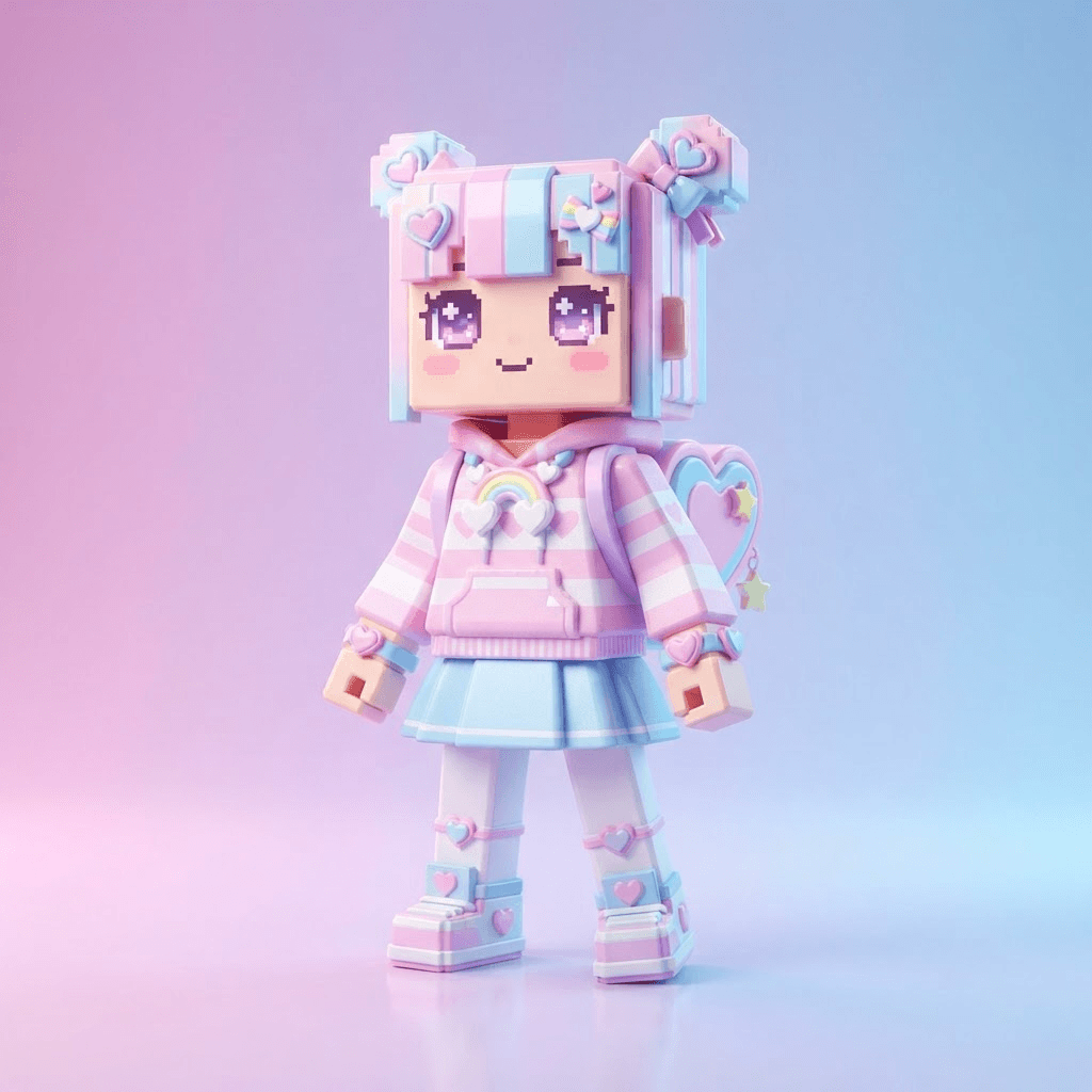 a blocky video game avatar character as a pastel kawaii character with heart accessories, full body, clean soft gradient studio background, vibrant, crisp high detail, 3d render