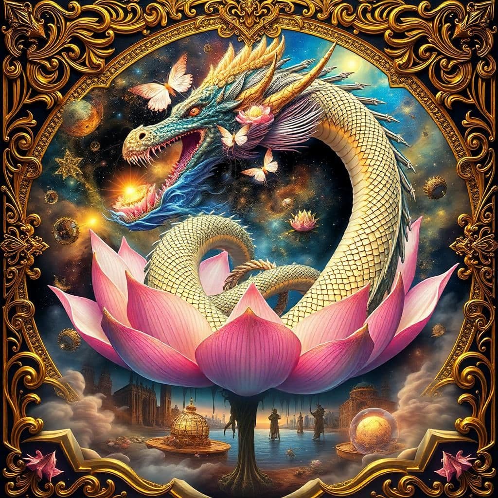 "a cosmic lotus dragon coiled within a swirling nebula of iridescent petals, its scales shimmering like stardust and pearls, set amidst an ornate, gilded framework and luxuriant foliage of baroque ornamentation. the dragon's eyes burn with a soft, ethereal blue fire, infusing the surroundings with intricate, lace-like filigree and a warm, golden luminescence. beneath the lotus, a void like a dark, velvety pond reflects a surrealist dreamscape: melting architecture, dripping clocks, and ghostly figures dancing amidst a flurry of baroque-inspired curves and symmetries. the dragon's plumage oscillates between rising smoke and setting sun, as its gentle, mystical roar echoes through a haze of rainbow-colored mist, with delicate, lacy patterns and heavy, ornate textures rendering the atmosphere sumptuous and majestic."