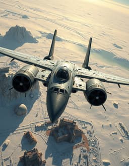 two‑engined sci‑fi bomber with a gear‑heavy cockpit, painted light grey, dropping bombs, soaring over a frozen tundra with a ruined city below bathed in low sun with dramatic shadows, rendered in a terrazzo pattern style featuring specked marble, quartz, granite, glass and shell fragments embedded in a polished cement matrix, bold color combinations, mosaic‑like texture and miniature geological cross‑sections.