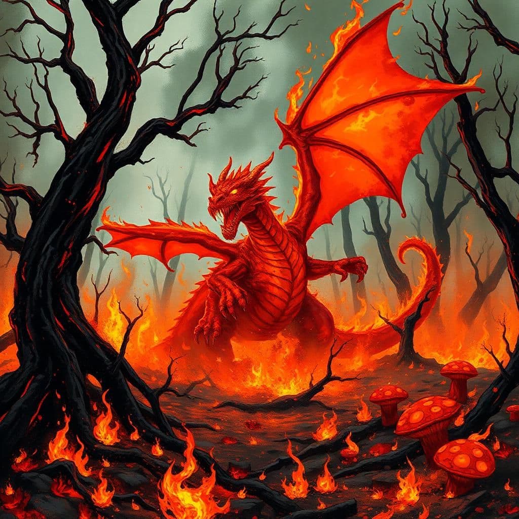 a blazing scene deep within a scorched forest, where a dragon, its body engulfed in fiery, molten lava-red scales, bursts through the trees. its wings are spread wide, casting a fiery glow, and its eyes blaze with intense, burning crimson. the trees are charred, their blackened roots twisted like smoldering embers, and the ground is ablaze with flames, fueled by blazing mushrooms and incandescent plants. the air is thick with fiery energy, and the dragon's presence feels both fierce and awe-inspiring. the style is reminiscent of a fiery, post-apocalyptic fantasy, with bold brushstrokes and vibrant colors.