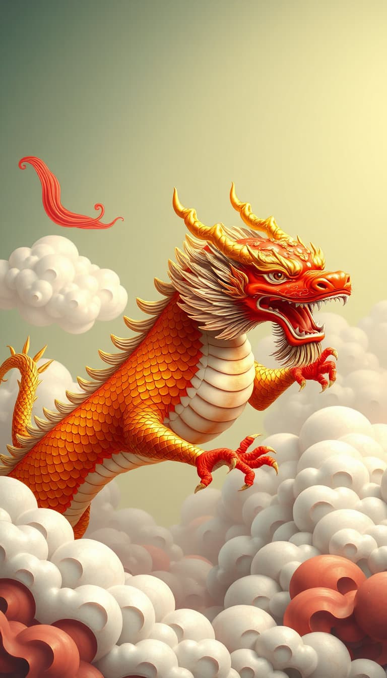 A magnificent Chinese dragon, golden scales, flying among clouds, traditional Chinese style, majestic and auspicious, red and gold, highly detailed