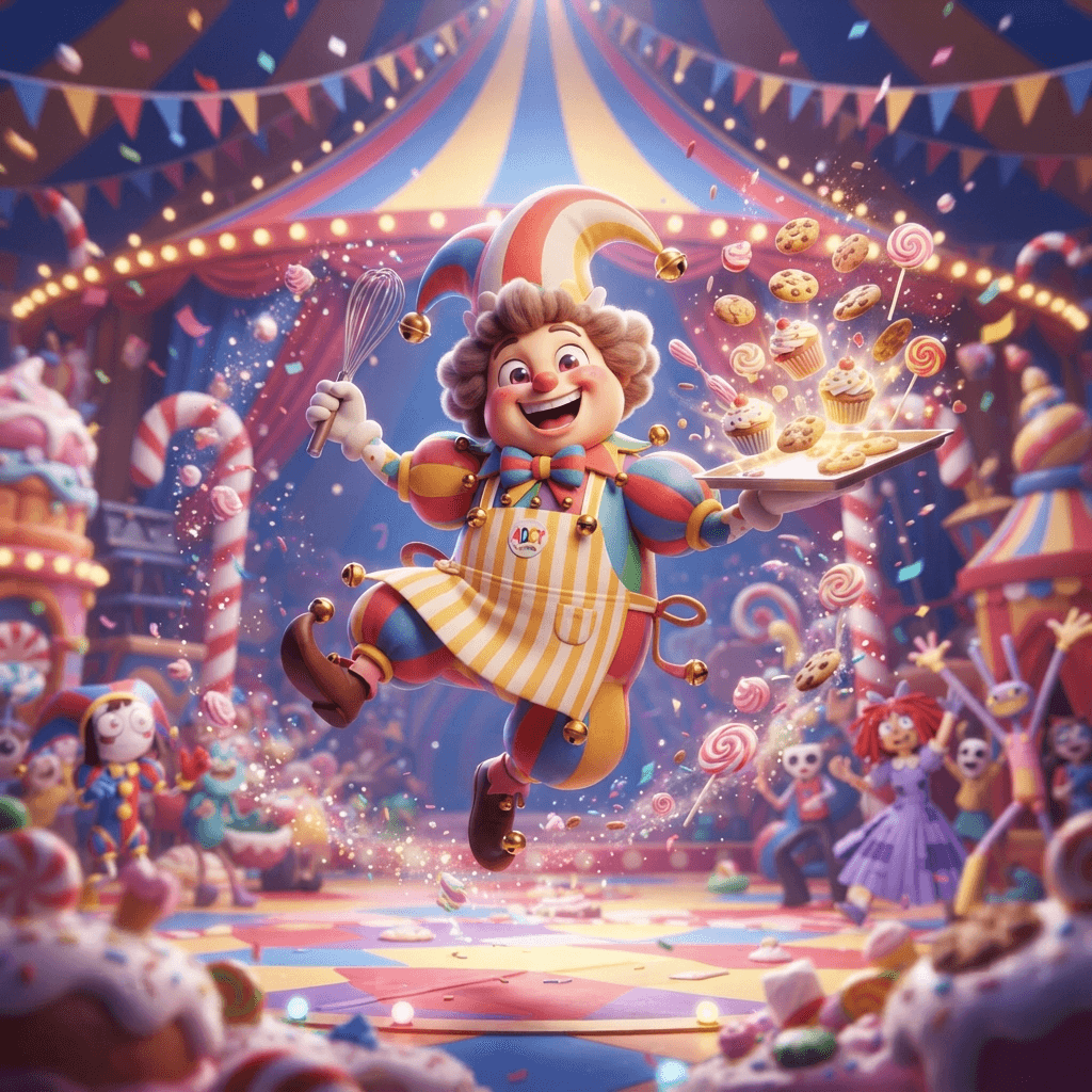 Abel from The Amazing Digital Circus, friendly cartoon baker character in an apron, candy kingdom theme, dynamic playful action pose under the big top, glossy 3D circus style, polished expressive 3D animation, bright colorful Amazing Digital Circus environment, no text, no logo, no watermark