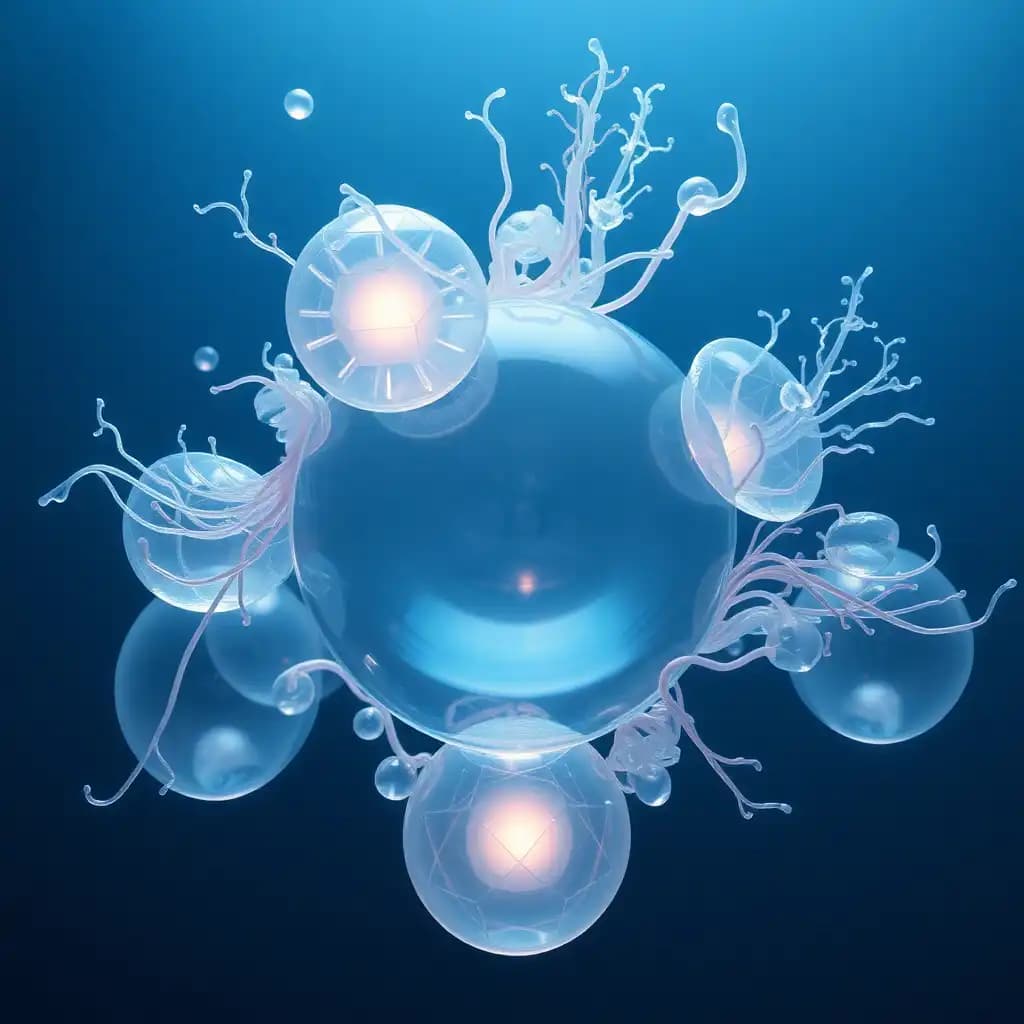 "A mesmerizing, high-definition 3D rendering of a surreal, weightless world: an ethereal ensemble of biomorphic forms and crystalline shapes suspended in mid-air, evoking an otherworldly atmosphere. The abstract composition, akin to a dreamlike aquatic realm, revolves around an unclear center, comprised of eerily transparent, gelatinous orbs and wispy tendrils, inspired by enigmatic underwater creatures and mystical organisms. Geometric shapes, resembling stalactites or frond-like appendages, gently emanate from the spheres, blurring the lines between biological phenomena and cryptic architectural structures. Soft, luminescent hues bleed in from the periphery, reminiscent of an aurora borealis or bioluminescent organisms, casting an enchanting glow upon the transparent, undulating surfaces. The pieces seem to be slowly morphing and flowing, as if governed by unseen currents and whimsical forces, casting a spell of serenity and oneness with nature. The art style combines futuristic, digital elegance with an organic, flowing quality reminiscent of avant-garde sculpture or surrealist avant-garde painterly styles, each object finely detailed and precisely latticed, amidst the smooth, fluid dynamic of the set pieces."