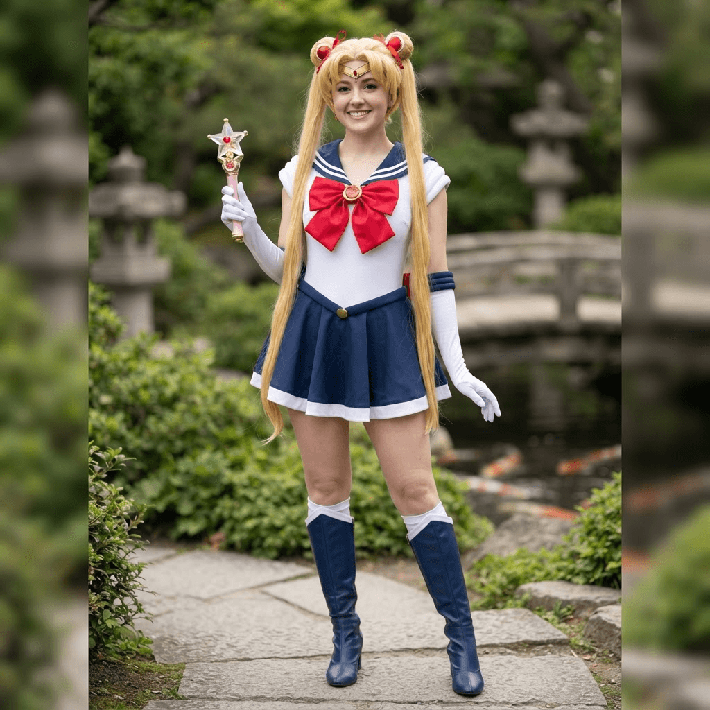 a magical girl in a white and blue sailor uniform with a red bow, long blonde pigtails and a gold tiara, cosplay reference, full body, standing portrait