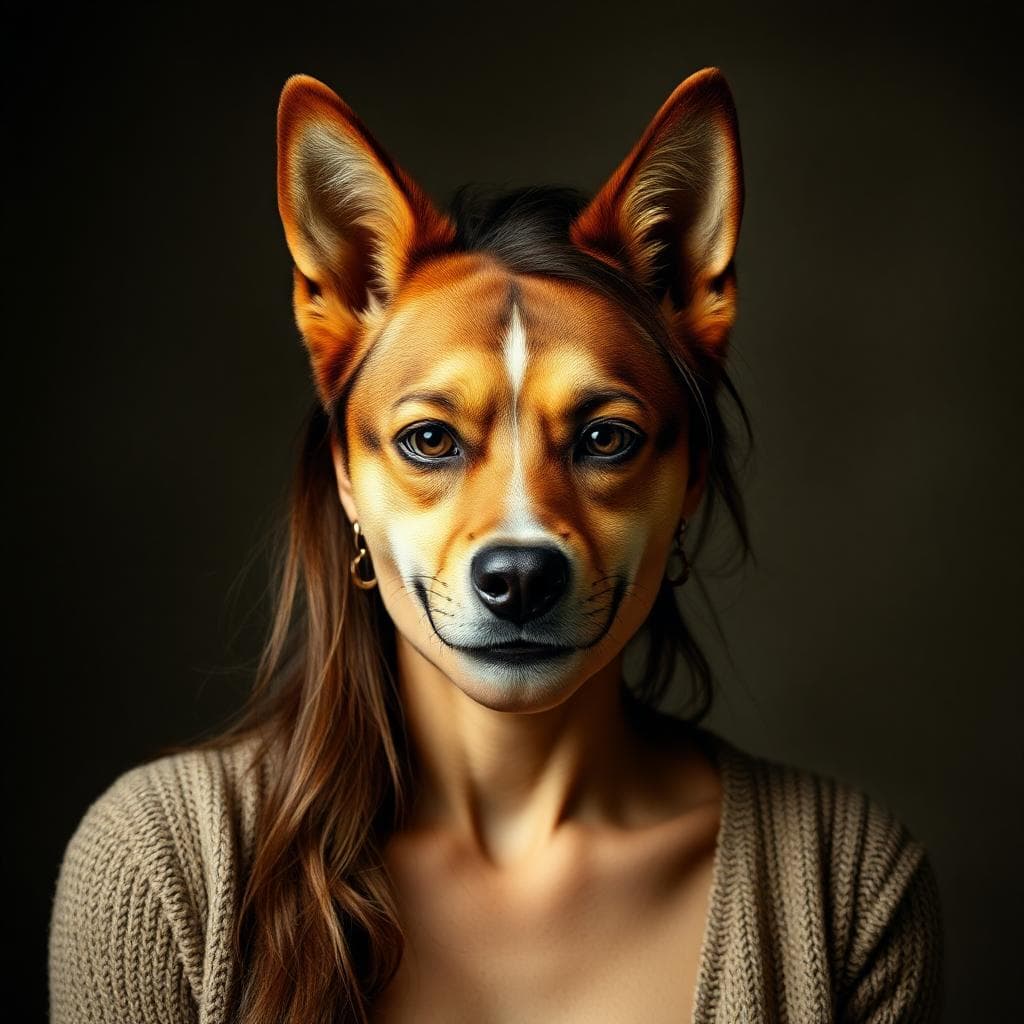 woman body tranforms into dog face is sam