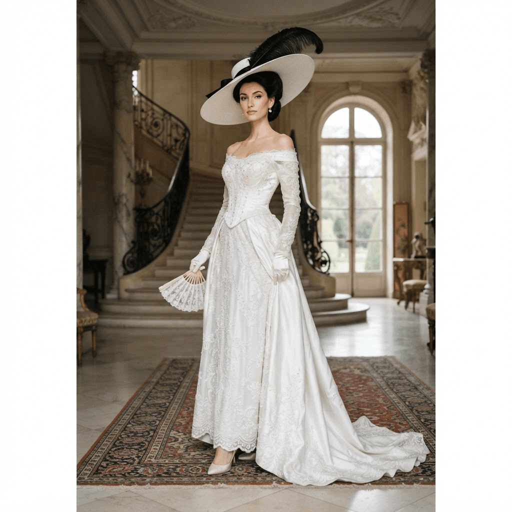 a very tall elegant woman in a white gown and a wide brim white hat with a black feather, cosplay reference, full body, standing portrait