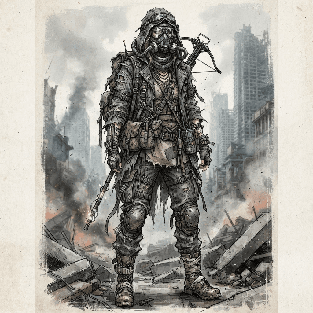 dystopian fashion, tattered layered utility wear, gas mask, buckles and straps, ash grey palette, styled with statement accessories, fashion illustration, full body