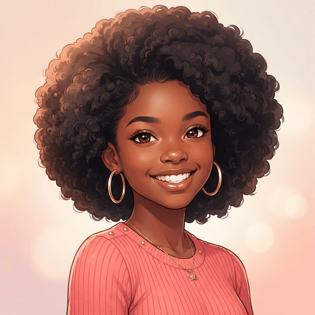 Close-up head and shoulders portrait avatar of a joyful original Black girl with a beautiful rounded afro, deep brown eyes, gold hoop earrings, warm radiant smile, coral pink top, anime-inspired digital illustration