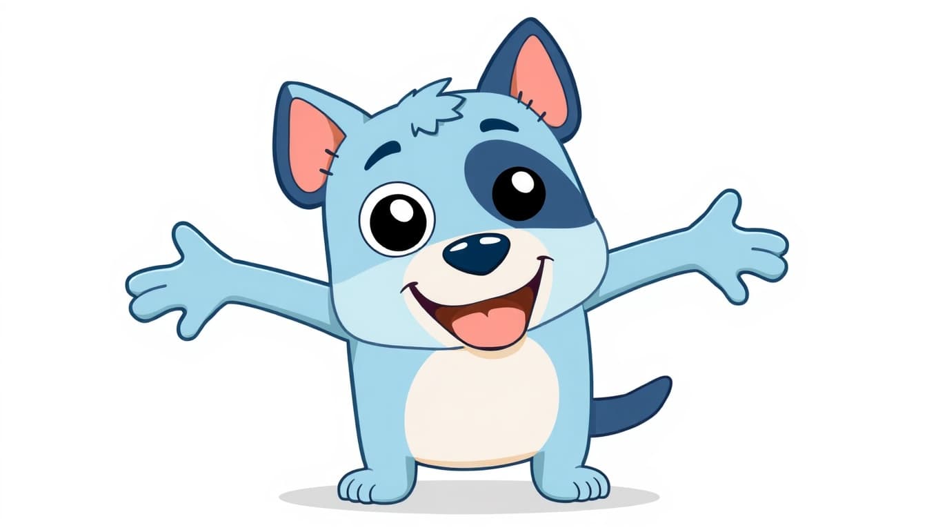 A high-quality 2D vector illustration of an anthropomorphic Blue Heeler puppy in the distinct art style of 'Bluey'. The character is rectangular with rounded corners, featuring light blue fur with dark blue patches over the right eye and tail. The character has wide, circular white eyes, a tan muzzle, and small triangular ears. The character is in a joyful, dynamic pose with arms wide open and a happy expression. Flat colors, bold clean outlines, and a minimalist aesthetic on a plain white background.