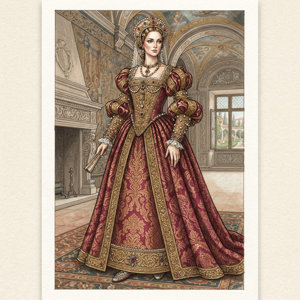 renaissance era fashion, brocade bodice, puffed sleeves, gold embroidery, pearl headpiece, full length gown look, fashion illustration, full body