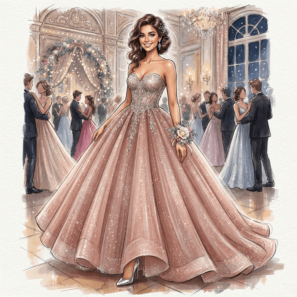 prom fashion, floor length ball gown, corsage, sparkling tulle, full length gown look, fashion illustration, full body