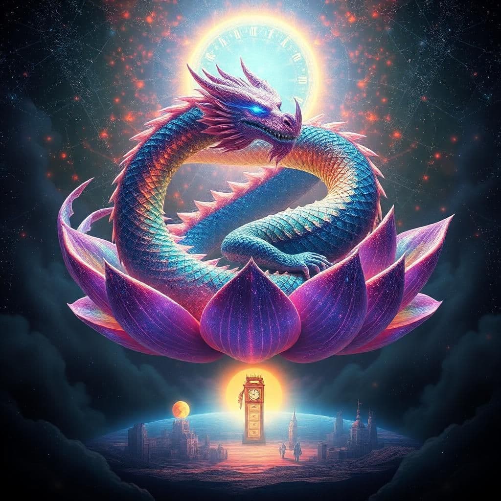 "a cosmic lotus dragon coiled within a kaleidoscopic nebula of glittering, crystalline petals that refract light into a million tiny rainbows. its scales shimmer like diamonds, stardust, and a thousand tiny mirrors, casting a dazzling, iridescent glow. the dragon's eyes blaze with a fierce, electric blue fire that crackles like a thousand tiny fireworks, casting an otherworldly, mesmerizing spell. beneath the lotus, a void like a dark, velvety pond reflects a surrealist dreamscape: melting architecture made of sugar glass, dripping clocks that flow like honey, and ghostly figures dancing in slow motion. the dragon's plumage oscillates between rising smoke that takes the shape of glittering, rainbow-colored balloons, and setting suns that blaze like a thousand tiny torches, as its gentle, mystical roar echoes through a haze of glittering, rainbow-colored mist that shimmers like a thousand tiny diamonds. the air is filled with a million tiny, sparkling lights that dance and swirl around the dragon, like a thousand tiny ballerinas. the numbers 11223344 etched into the swirling clouds shimmer like a thousand tiny, glittering jewels, radiating an aura of mysticism, ancient wisdom, and pure, unadulterated magic."