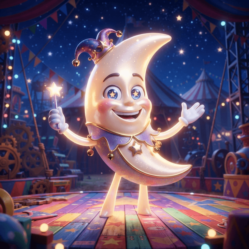 Moon from The Amazing Digital Circus, smiling crescent moon character with a friendly expressive face, starry night sky, full-body portrait standing on the circus stage, glossy 3D circus style, polished expressive 3D animation, bright colorful Amazing Digital Circus environment, no text, no logo, no watermark