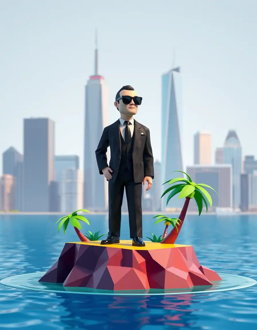 a mafia scene in a low-poly 3d art style.
an low-poly mafia member wearing a black suit and sunglasses stands on a small, colorful island with low-poly palm trees. in the background, the manhattan skyscrapers are replaced by low-poly geometric shapes, reminiscent of a futuristic cityscape.