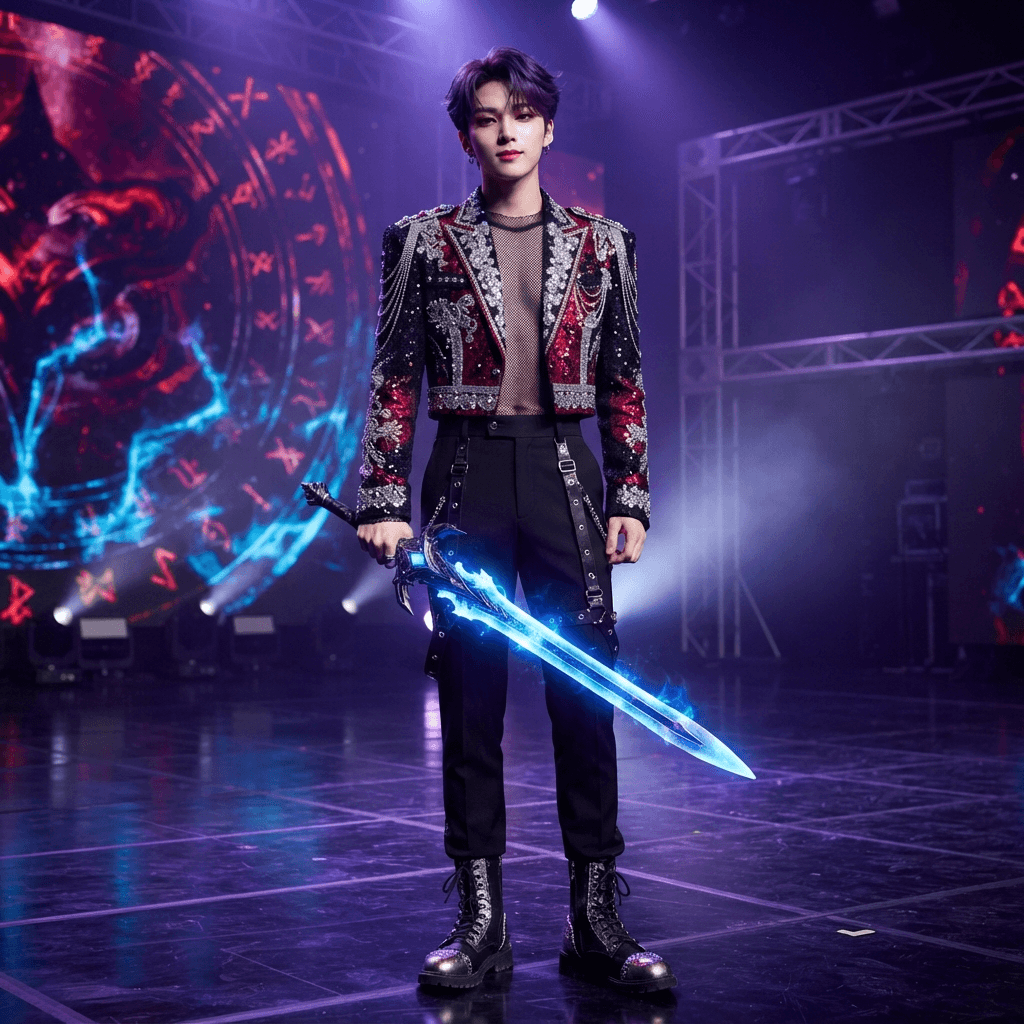 a kpop idol demon hunter in a sparkling stage outfit holding a glowing weapon, cosplay reference, full body, standing portrait