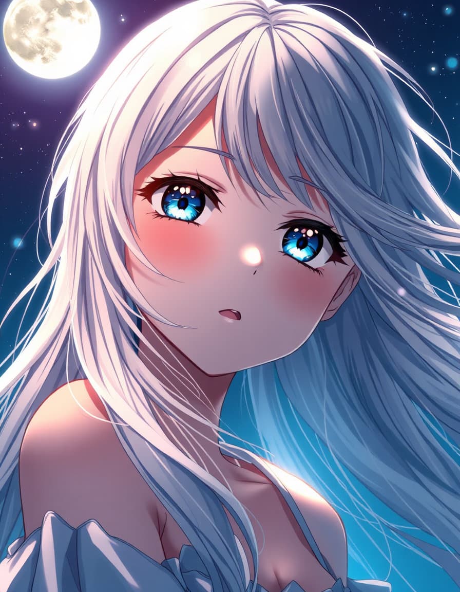 Prompt:
Close-up anime portrait of a beautiful girl illuminated by moonlight, silver hair flowing in the wind, glowing blue eyes, starry night sky, emotional cinematic mood, ultra-detailed anime style.
Keywords:
anime portrait, moonlight, silver hair, blue eyes, starry sky, cinematic, emotional, beautiful anime girl, detailed face, fantasy portrait, masterpiece quality.