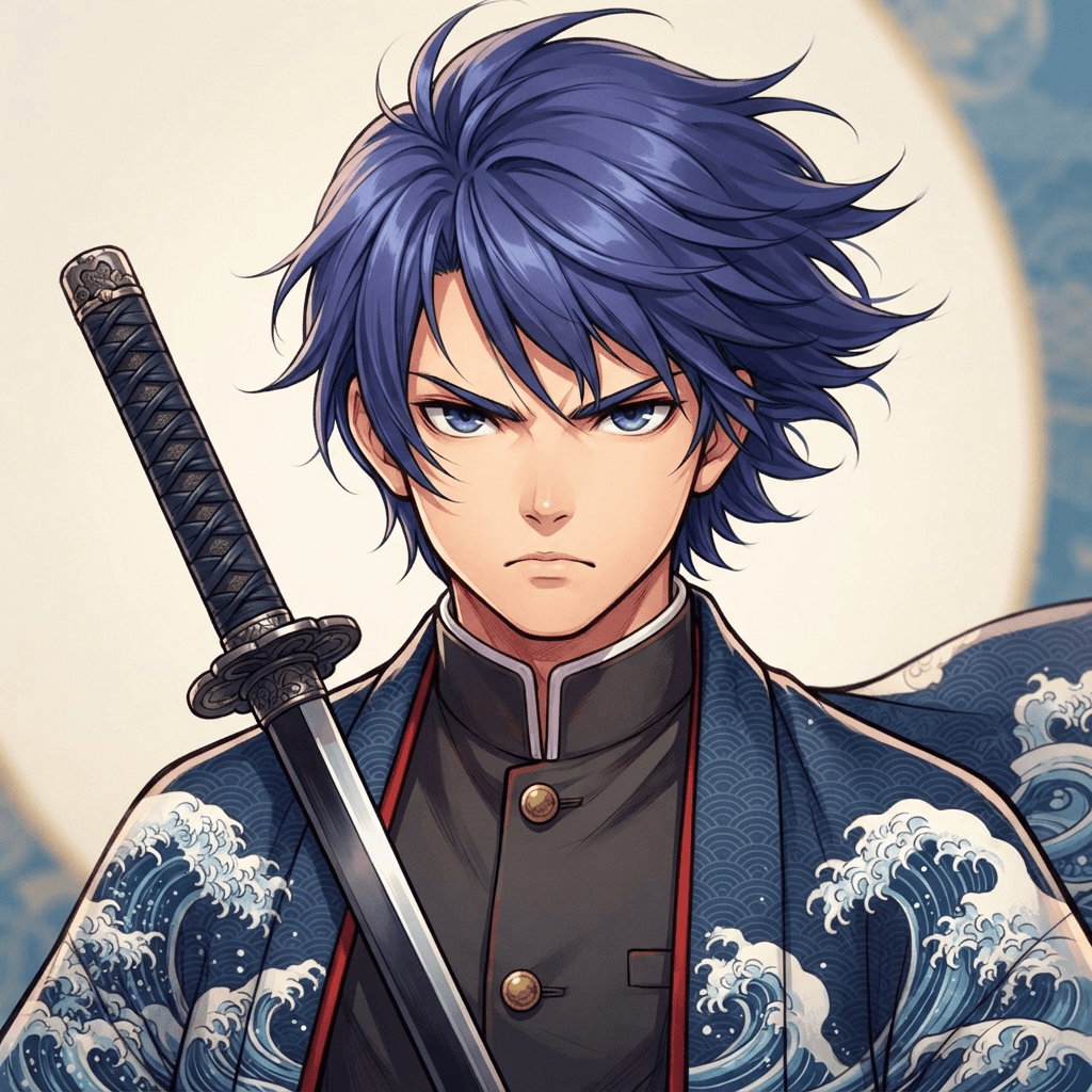 Close-up head and shoulders portrait avatar of an original male taisho-era anime swordfighter with windswept indigo hair and steel blue eyes, ocean wave patterned navy haori over dark uniform, katana hilt over shoulder, resolute expression, vintage japan anime style