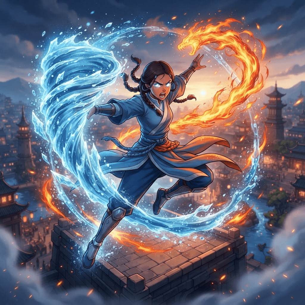 determined young female avatar bending water and fire simultaneously, dynamic action pose, glowing elemental energy, cityscape background, vibrant animated series style