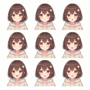 A nine-panel expression sheet of a brown bob-haired VTuber