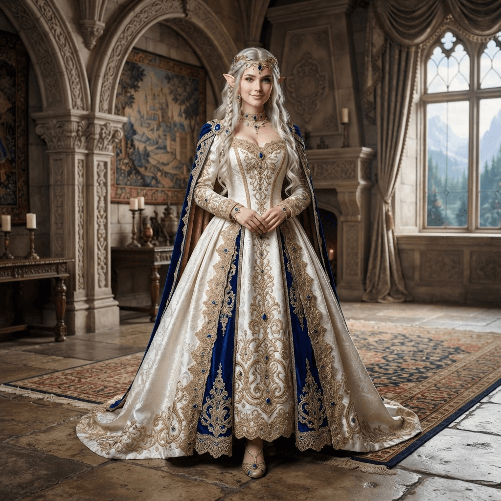 a princess in a white and gold gown with royal blue accents and pointed elf ears, cosplay reference, full body, standing portrait