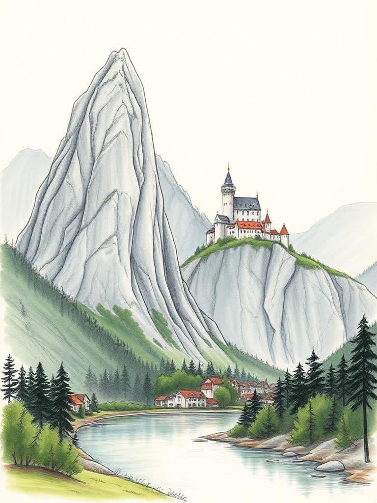 a simple village in czech style, far away, behind a river, with a colossal castle dramatically perched atop the narrow crest where the two towering mountains meet, on the right side, a massive and newly augmented spur of rock juts out to the left to form a second peak that is parallel and even more rugged than the one to its right, a distant village is nestled on the lush left bank, drawn with quick pencil lines and gentle watercolor touches, on rough paper.