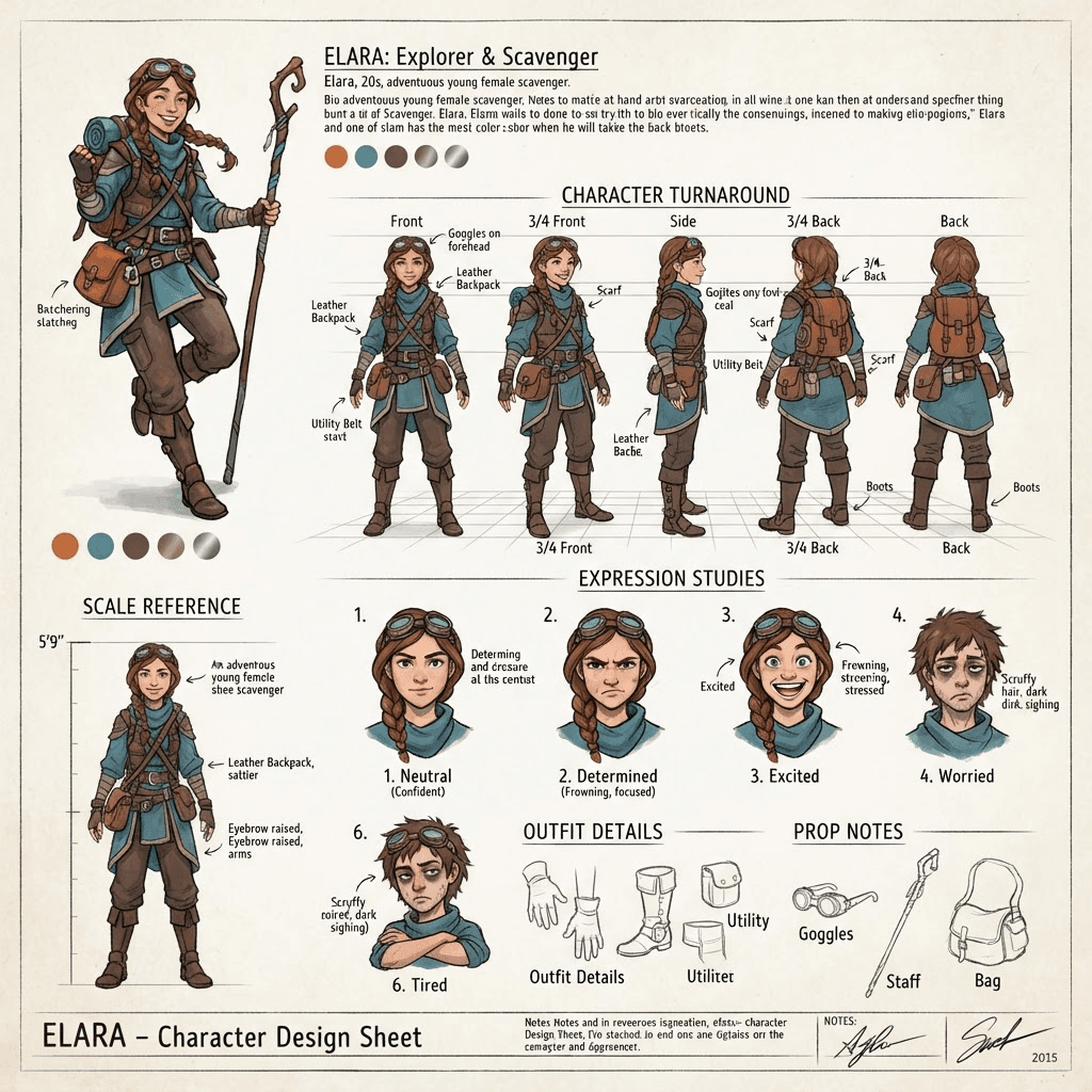 a character design sheet with a turnaround row and expression studies, concept art layout