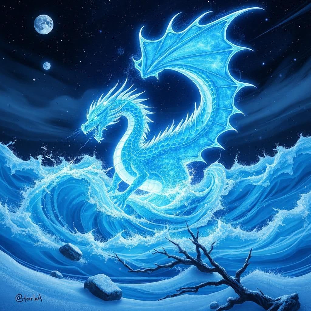 a luminescent dragon plunged into an abyss of swirling sapphire chaos, its crystalline scales blazing with iridescent auroras like a thousand frozen butterflies, as a mesmerizing anime voice echoed through the desolate expanse – soft, yet elegantly haunting – whispering ancient melodies that harmonized with the wailing tempests. frosty cerulean waves thrashed against a jet-black sky daubed with scattered streaks of ethereal stardust and shattered moonbeams. the tempests wailed like a chorus of banshees, warping the tundra into a haunting tapestry of shattered glaciers, ancient monoliths, and gnarled, skeletal trees. frigid gusts whipped through the desolate expanse like a thousand ghostly fingers. frostborn titans wept beneath the surface, their icy wails building a maelstrom that seemed to defy the very fabric of reality. in the foreground, the anime boy stood before the tortured dragon, his face set in a mixture of wonder and unease as he watched – lost in the mesmerizing dance of iridescent auras and swaying crystalline shards – the luminescent dragon's crystalline body rippled and distorted like a living shard of crystal, leaving behind a shimmering wake that congealed into glowing icicles that refracted the dying stardust above. each icicle shone like a crystalline nucleus, bathing the surrounding landscape in an otherworldly glow that seemed to sear the very soul.