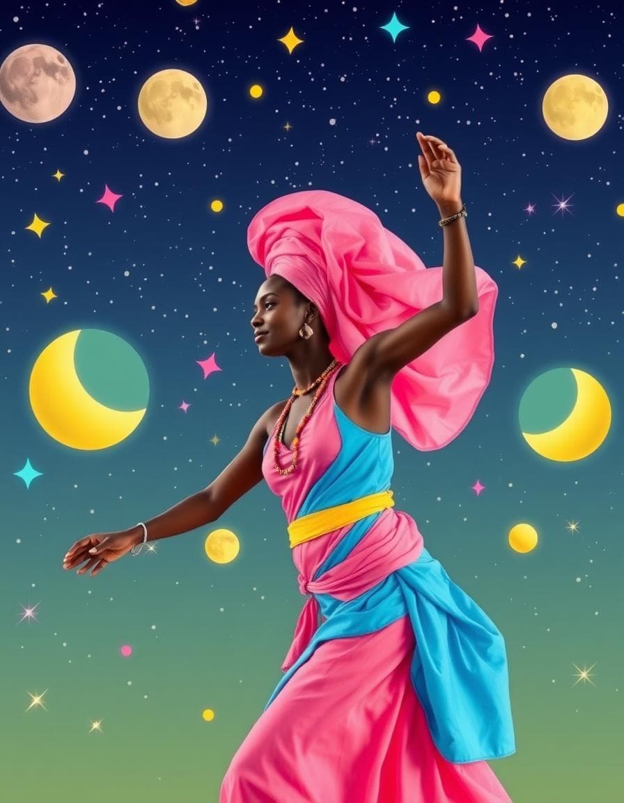 A dancer from Senegal, in bright pink and blue clothes, dances under a sky filled with pastel stars, lemon yellow moons, and mint green galaxies, with bubblegum pink and sky blue sparks flying around her.
