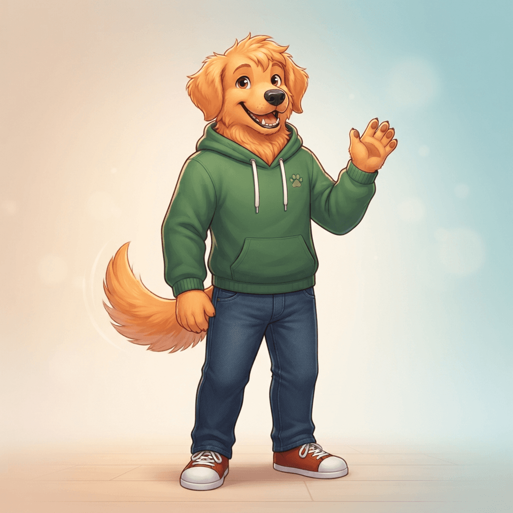 anthro dog fursona character, friendly golden retriever style with floppy ears and a wagging tail, wearing a green hoodie and jeans, big happy grin, full body standing pose, expressive, wholesome furry art style, clean soft gradient studio background, vibrant, crisp high detail, digital illustration
