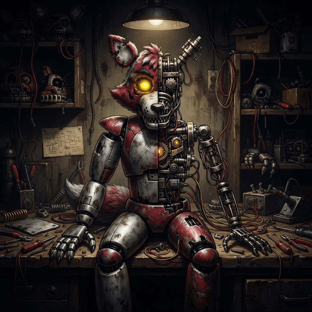 Original wolf animatronic character being assembled in a dim workshop, silver and crimson worn suit panels, exposed metal endoskeleton in the open chest, one glowing yellow eye, scratched paint, wires and spare animatronic parts on the workbench, Five Nights style horror mascot
