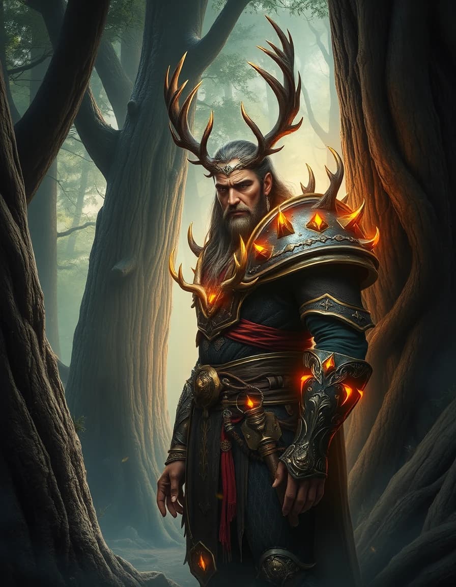 A woodland protector standing among ancient trees, antler-inspired armor, glowing forest magic, calm and watchful presence
semi-realistic fantasy character portrait, highly detailed, cinematic lighting, fantasy concept art, vibrant colors, intricate costume design, realistic facial features, dramatic atmosphere, ultra detailed, professional book illustration, character focus, masterpiece quality, 4k