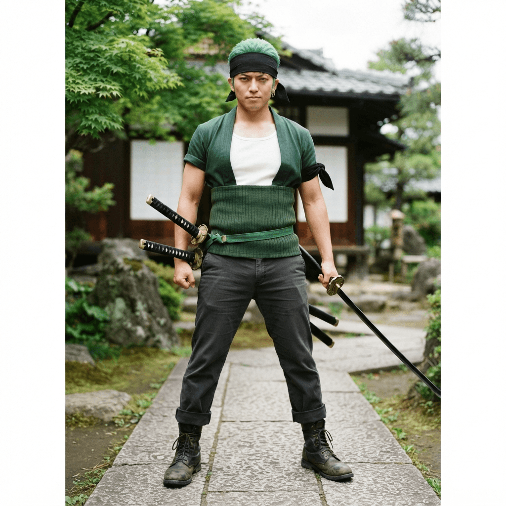 a green haired swordsman with a green haramaki, a black bandana and three katana, cosplay reference, full body, standing portrait