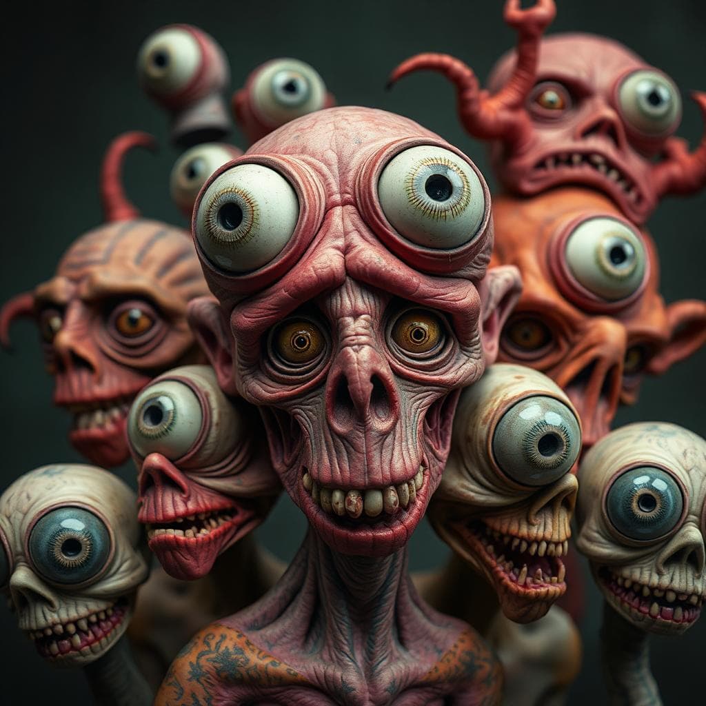 a high quality professional image of random grotesque surreal characters with eyeballs, grotesque surrealist style, artistic, surrealism, eyeballs, bizarre, unique, creative, strange, twisted, fantastic, abstract, detailed, colourful, imaginative, eccentric, unusual, strange, oniric, fantasy, fantasy, hallucinatory, distorted, supernatural, dreamy, avant-garde, conceptual, experimental, strange, peculiar, bizarre, artistically distorted, twisted, avant-garde surreal, creative composition, vivid colours, haunted, nightmarish, otherworldly, mysterious, enigmatic, peculiar, unusual, stimulating, eerie lighting, surreal essence, strange, unusual creatures, artistic vision, detailed characters, unique design, imaginative concept, oniric setting, visually striking, disturbing, visual metaphor, symbolic, bizarre characters, extraordinary artwork, dream-inspired, distorted features, elaborate details, surreal atmosphere, fantasy atmosphere, artistic expression, bizarre elements, imaginative world, fantastic beings, abstract forms, nightmarish atmosphere, conceptual art, artistic masterpiece, surreal interpretation, strange atmosphere, strange valley effect, strange creatures, bizarre scenario, symbolic imagery, artistic, fantastic creatures.