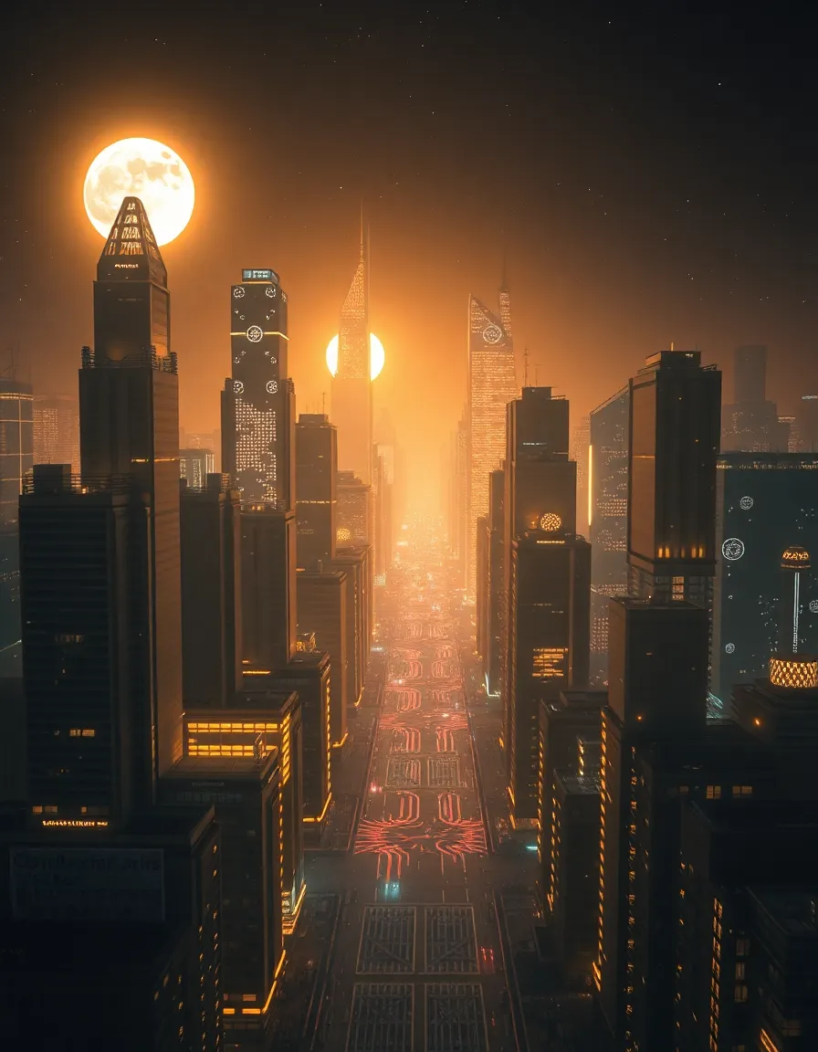 Cut between faces lit only by starlight. A tear reflects the twin suns’ fading glow. A slow drone shot pulls away from the city half in darkness, half in eternal day. A sprawling futurist megacity on a planet in a twin-star system, bathed in eternal daylight, architecture glowing with gold and glass, towers shimmering under two suns, citizens adapted to perpetual light celebrating artificial night as an artform, neon projections painting the air, digital moonlight cascading across reflective surfaces, holographic dreams drifting through luminous streets, poetic and cinematic atmosphere, emotional sci-fi world of beauty, longing, and luminous melancholy, ultradetailed, volumetric lighting, cinematic composition, 8k, artstation, trending, epic scale, film still. Color: Gold → White → Indigo → Silver. (Color shift mirrors emotional arc.)
Texture: Lens flares, volumetric light, heat shimmer, particles in air.
Camera Style: Slow motion, wide-angle symmetry, lingering close-ups for emotional beats.
Lighting: Use light as character — it evolves from oppressive to sacred.