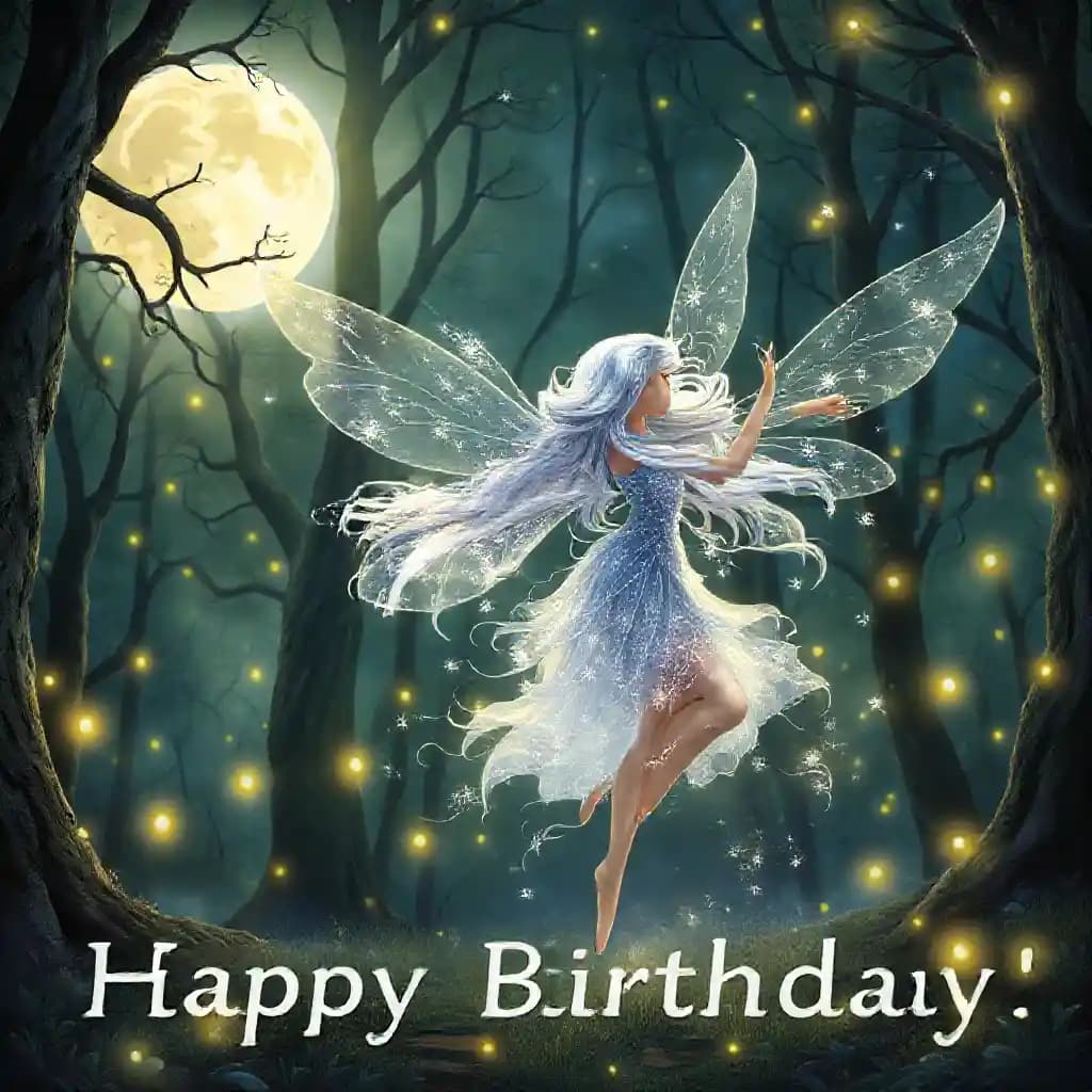 Celestial Fairy’s Moonlit Dance: A fairy with flowing silver hair dances under a full moon in an enchanted forest. Her wings sparkle with stardust, and soft light falls through ancient trees as glowing fireflies create a magical birthday scene.