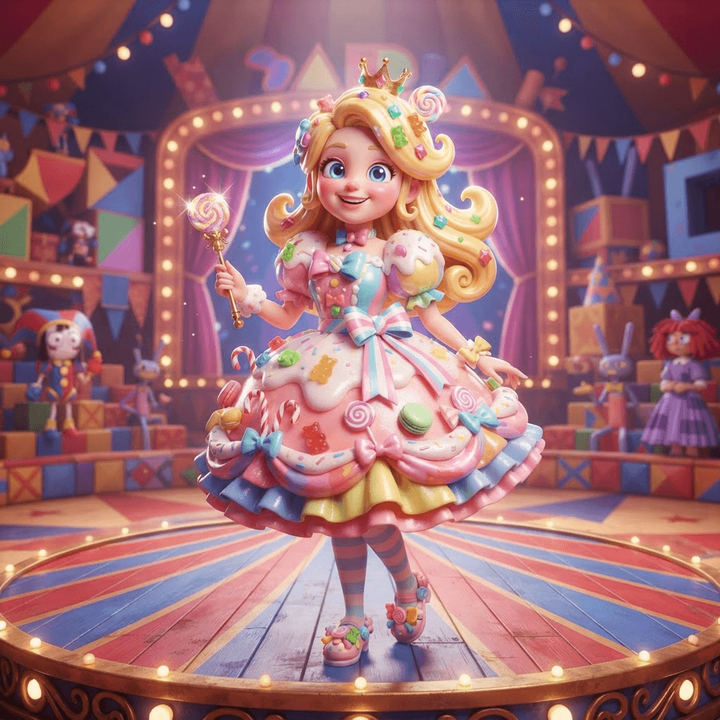 Princess Loolilalu from The Amazing Digital Circus, candy kingdom princess, pastel candy dress, sweet cheerful expression, full-body portrait standing on the circus stage, glossy 3D circus style, polished expressive 3D animation, bright colorful Amazing Digital Circus environment, no text, no logo, no watermark