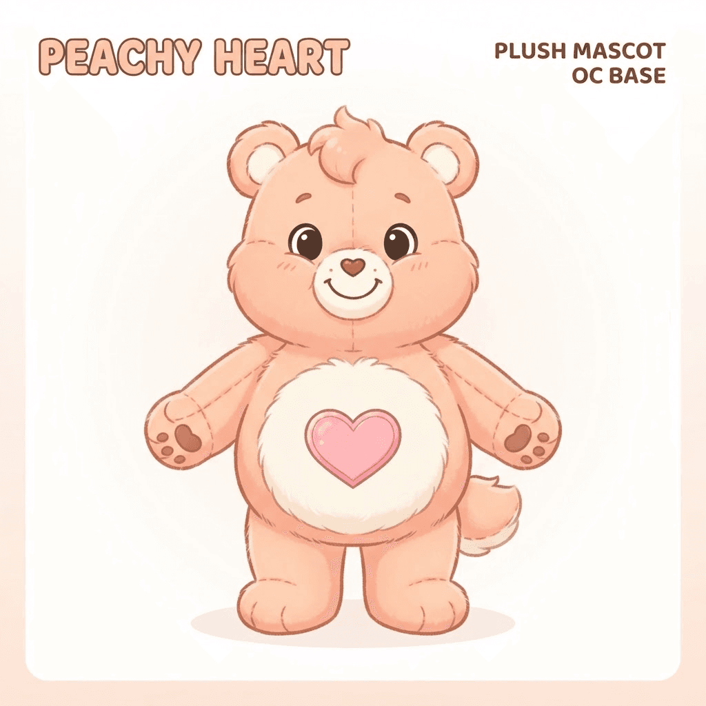 cute plush animal mascot oc base in the style of colorful stuffed toy critters, round chubby body, big smile, front view full body pose reference, pastel peach fur with a heart shaped belly badge, flat colour, minimal shading, plain white background, reference sheet style, clean soft gradient studio background, vibrant, crisp high detail, digital illustration