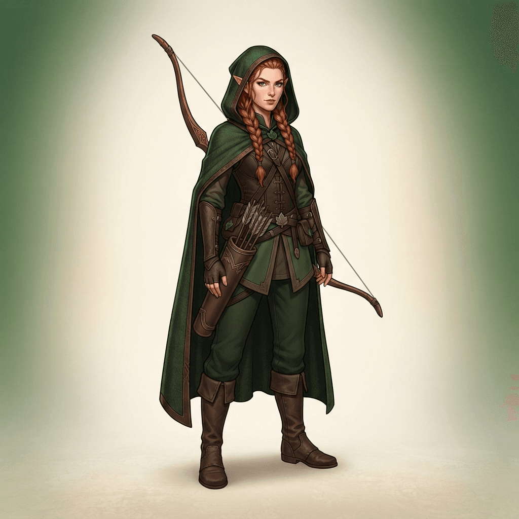 original character design of a woman elf archer, hooded forest green cloak, longbow and quiver, braided auburn hair, pointed ears, full body standing pose, clean soft gradient studio background, vibrant, crisp high detail, digital illustration, no text, no words, no watermark