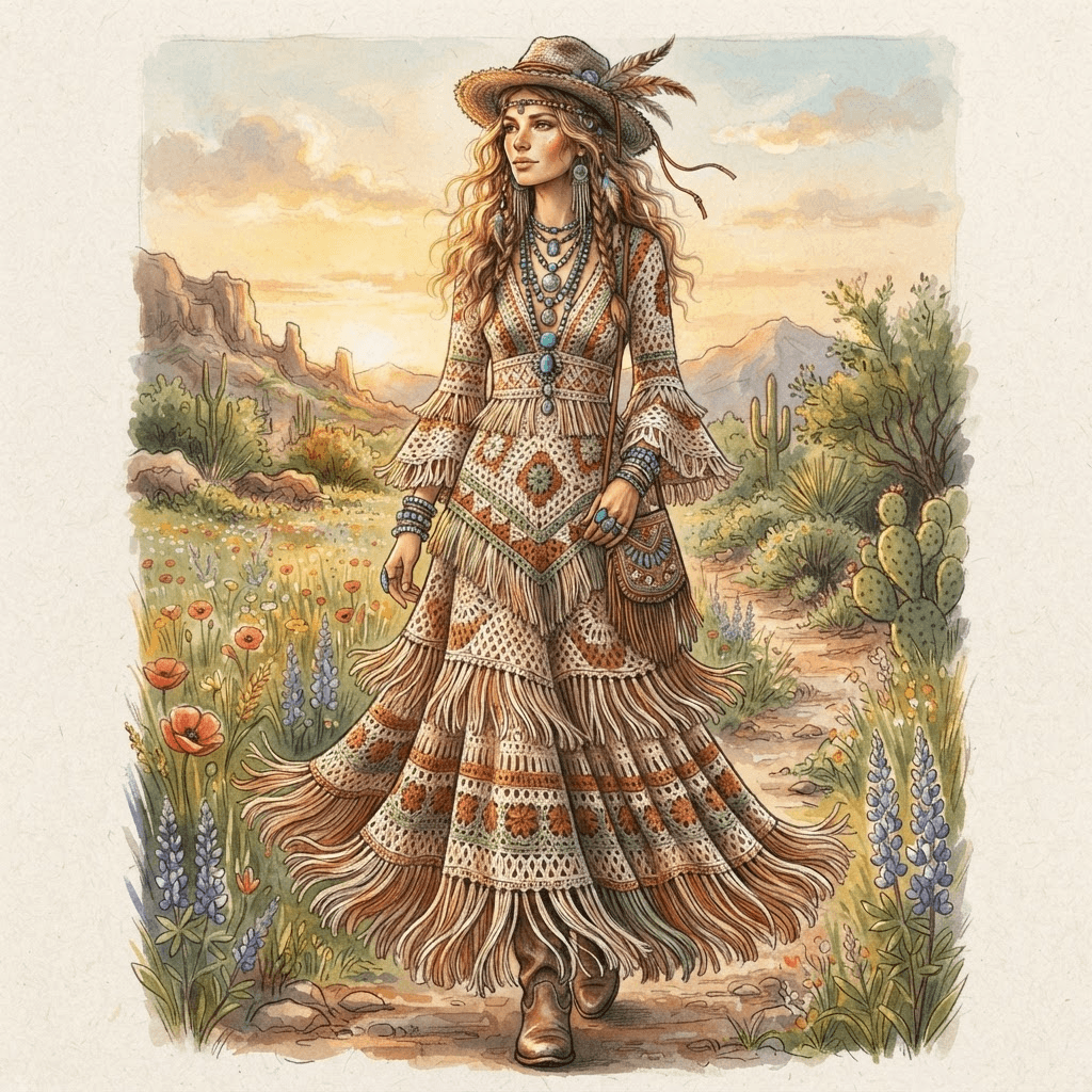 boho fashion, flowing crochet maxi dress, fringe, layered turquoise jewelry, earthy tones, full length gown look, fashion illustration, full body