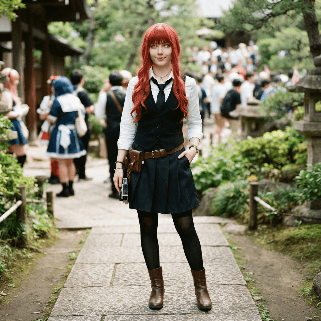 a red haired woman in a white shirt and black tie with ringed golden eyes, cosplay reference, full body, standing portrait