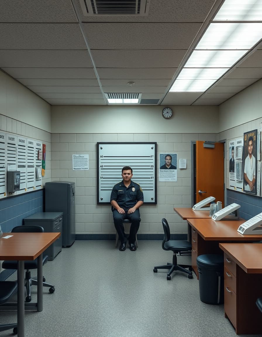 create an image that shows a scene from a police station where a mugshot may be taken with no people in the scene
mugshot board
spot in the police station where they take mugshots