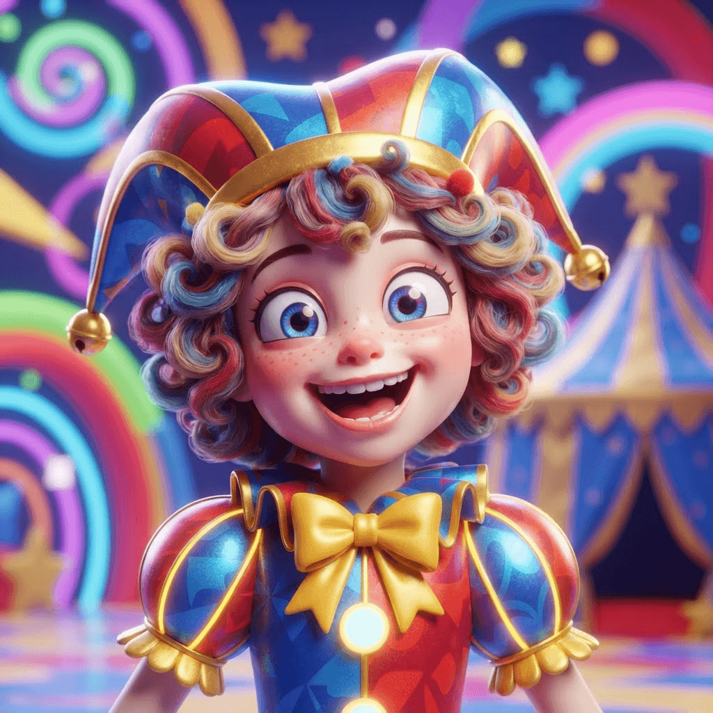 Cheerful original Amazing Digital Circus style character, centered avatar bust, square profile picture crop, bold simple background, glossy 3D circus style, polished expressive 3D animation, bright colorful Amazing Digital Circus environment, no text, no logo, no watermark
