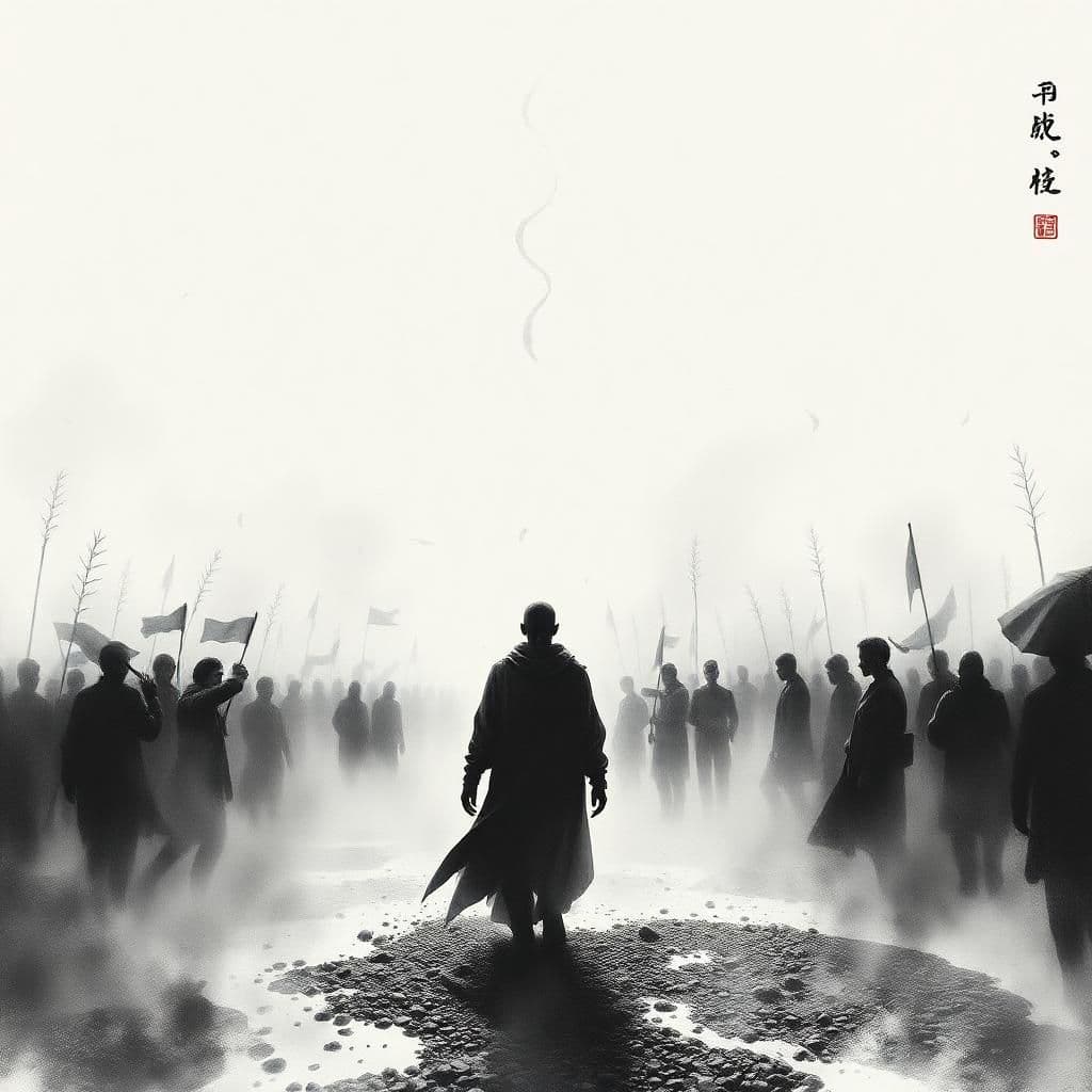 "a shattered quill of monochromatic ink: 'ignition point' ascends, a pyre of wispy mist.
a figure, a mere silhouette of desperation, stands amidst a maelstrom of subtle washes - an abyss of whispered prayers, gentle streams that writhe like fragile vines, and a crowd that's a churning cauldron of soft, gray hues.
the title, 'saturation', whispers forth in delicate brushstrokes, as if written in the very veins of bamboo. the background is a serene dreamscape of raked gravel, twisting calligraphy strokes, and distant skies that bleed a subtle palette of indigo and smoky whites.
the figure's face is a subtle topography of suffering, contorted in a whispered scream, as if the very mist that envelops them is being poured into their soul. the air is heavy with the scent of lotus blooming, a delicate fragrance that shrouds the quiet garden.
mists writhe and twist, a contemplative dance of light and shadow, as the figure's body becomes a garden of gentle sorrow and liberation. their limbs stretch and contort, a subtle parody of suffering, as the mist that surrounds them becomes a gateway to transcendence.
in the eye of this maelstrom, time and space are serene and still. nothing remains turbulent, nothing is certain except the gentle, lapping waters of the 'ignition point'."
(change from 'neon hues', 'burning embers', 'shattered peaks', 'bloody red' and 'churning cauldron of flames' words to 'monochromatic ink', 'wispy mist', 'whispered prayers', 'fragile vines', 'churning cauldron of soft, gray hues' and 'delicate brushstrokes' respectively)