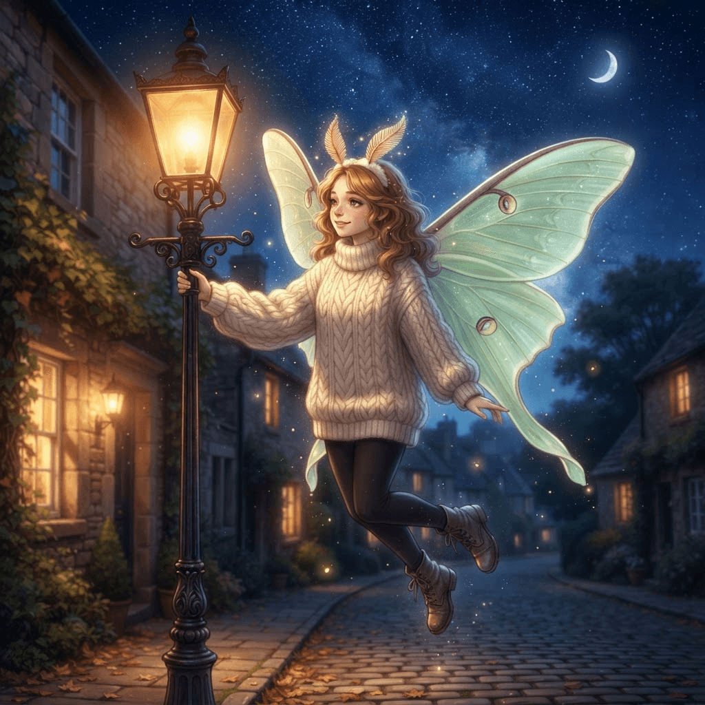 Moth girl original character with luna moth wings and cozy sweater by a glowing streetlamp on a starry night, digital illustration