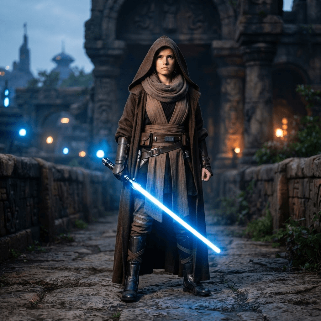 a science fantasy costume with a hooded brown robe and a glowing laser sword, cosplay reference, full body, standing portrait
